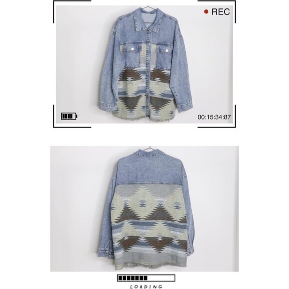 Women's Aztec Denim Jacket Distressed Long Sleeve Button Down Shacket - Picture 7 of 7